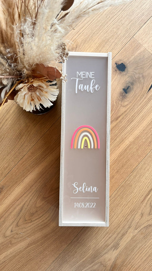 Kerzenbox satinierter Deckel für Taufkerze mit Regenbogen