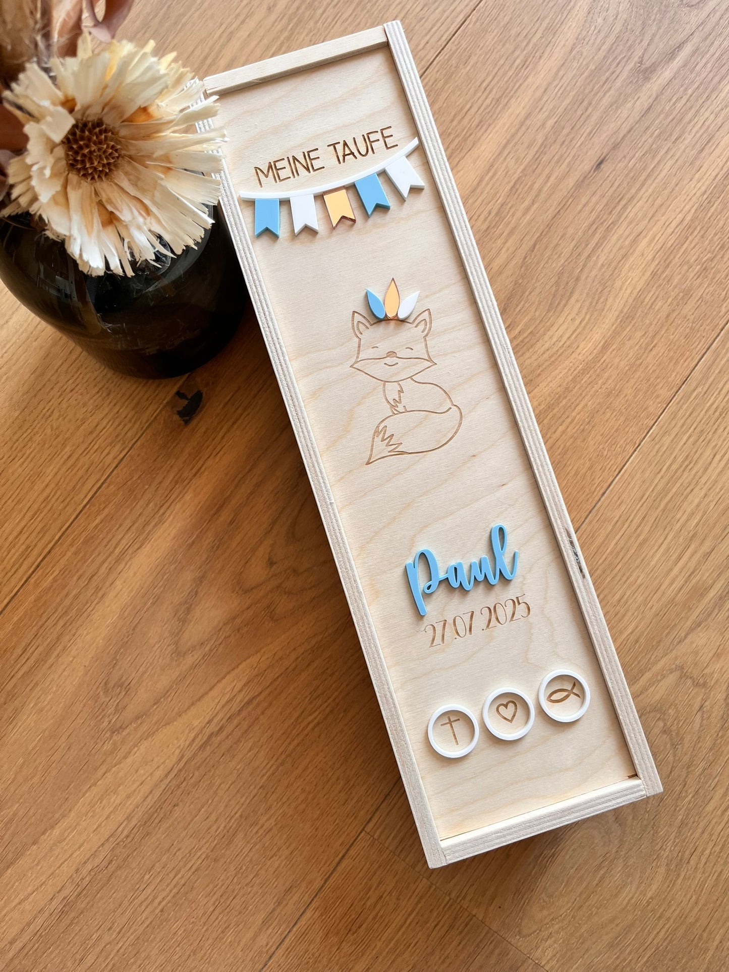 Kerzenbox Meine Taufe "Fuchs in blau und weiß"